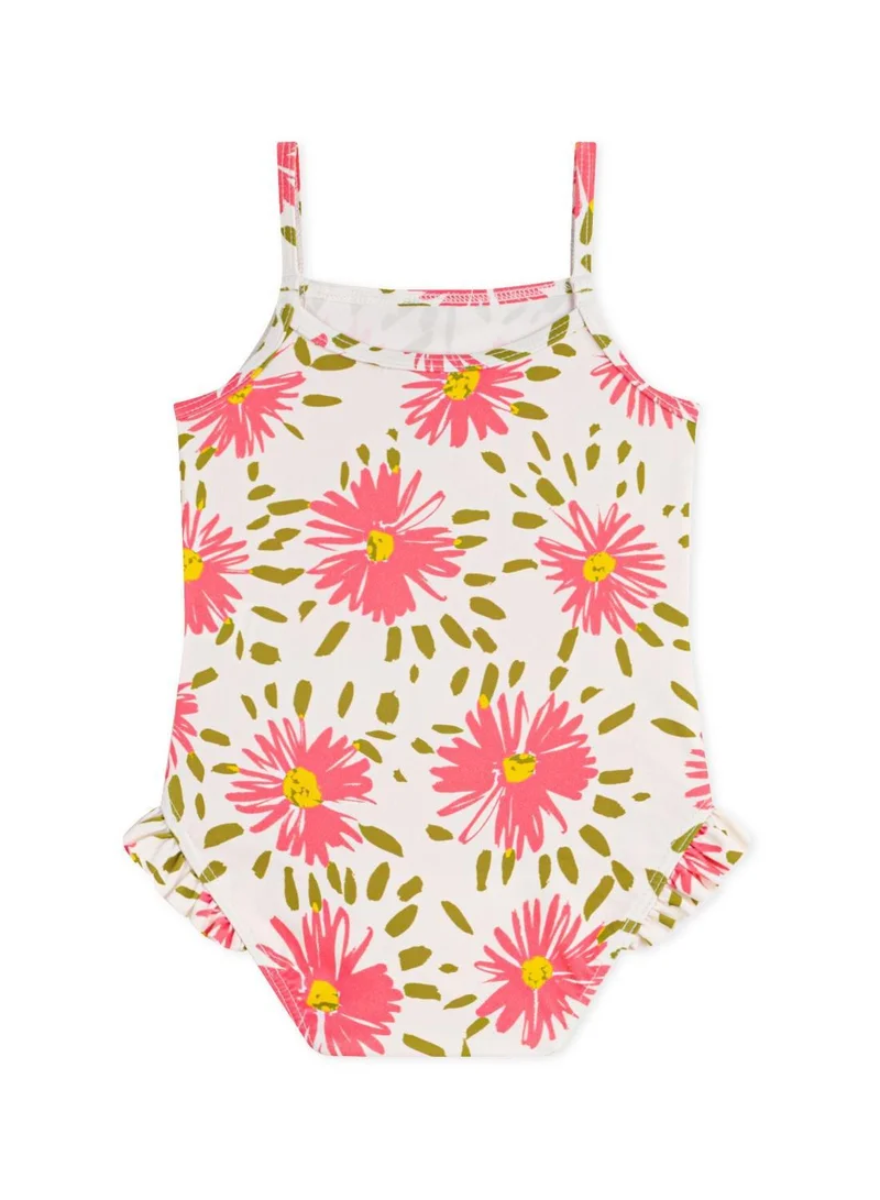 Petit Bateau Babies' one-piece swimsuit with ruffles and a flower print.